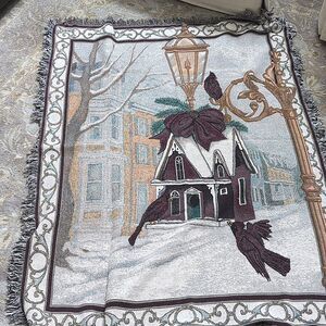 Vintage Christmas Cardinal Winter Village Scene Woven Tapestry Throw Blanket